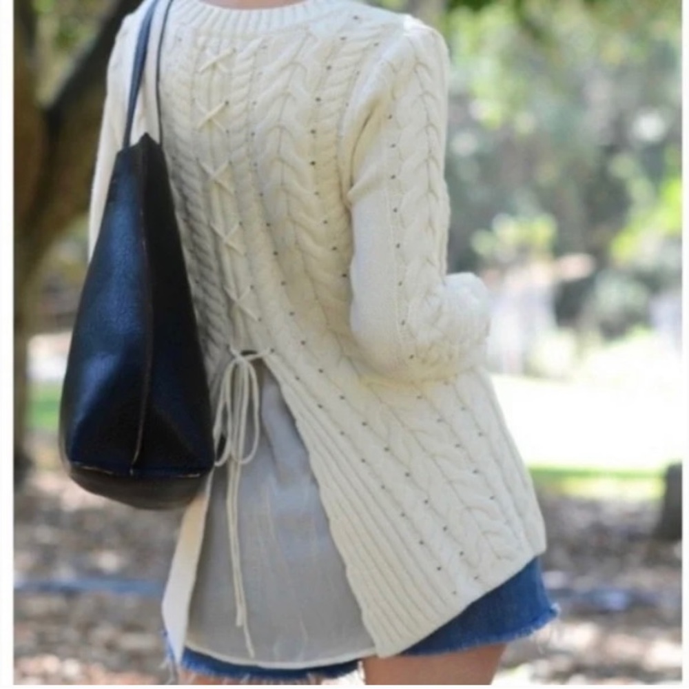 Cabi cream cableknit lace back sweater with sheer underlay style 3157 size XS